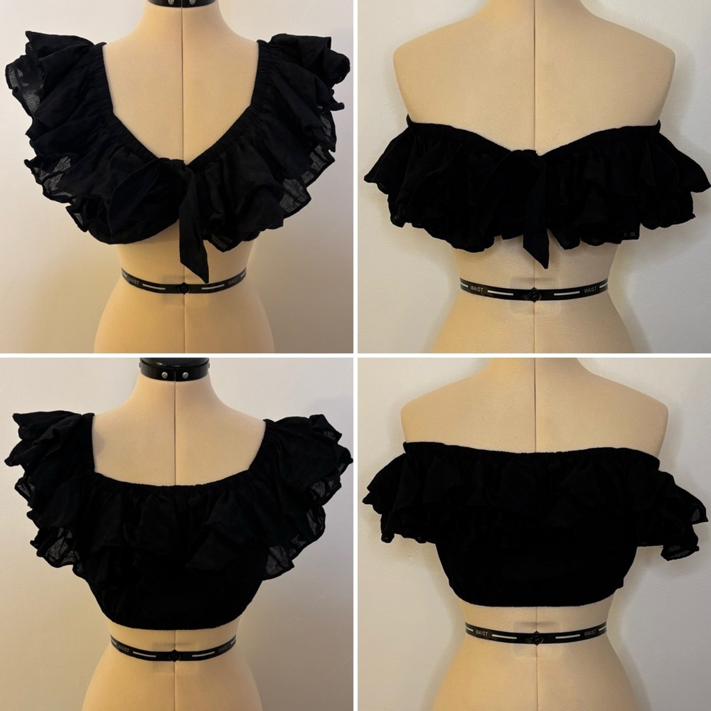 MINKPINK Black Ruffle Multi-Style Off the Shoulder Tie Front Bandeau Crop Top, M
